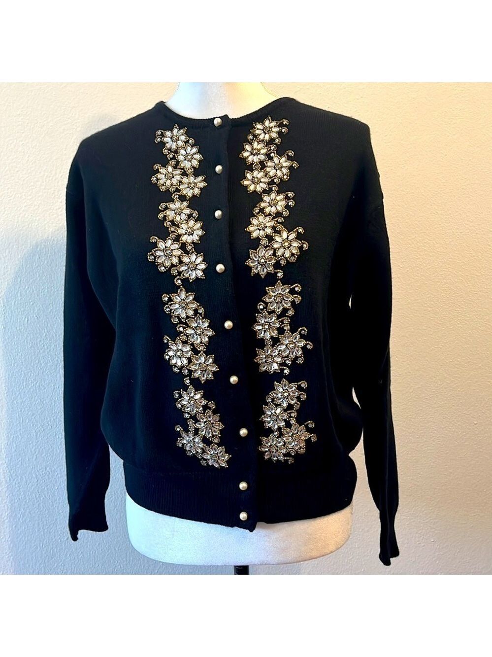 DKNY Black w/Gold Beaded &’Silver Rhinestone & Pearl Sweater 100% Lambswool Sz P